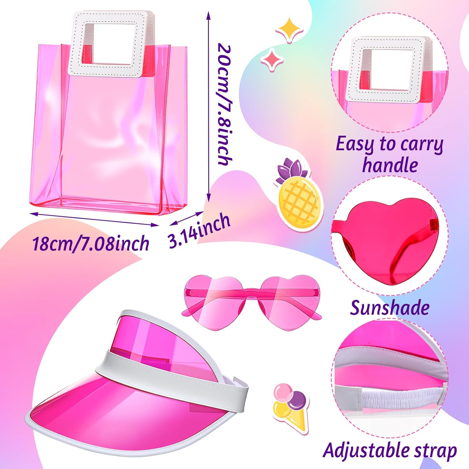 8 Sets Pink Party Favor Include Beach Towels Pink Heart Shape Glasses Sunscreen Hat and PVC Gift Bags with White Handles for Princess Summer Pool Birthday Party Favors Decorations