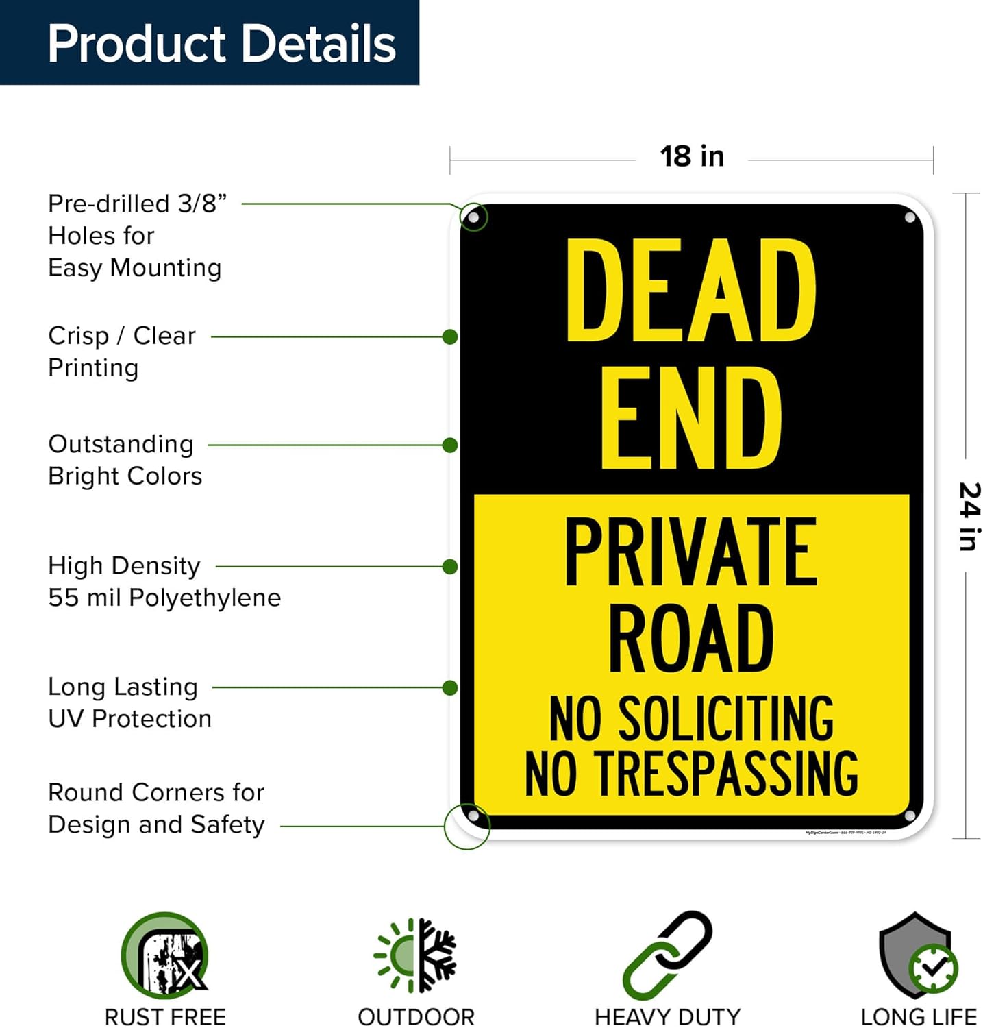 Dead End Private Road No Soliciting No Trespassing Sign, 18"x24" Polyethylene, Indoor/Outdoor Use, USA MADE By My Sign Center(MS-1490)