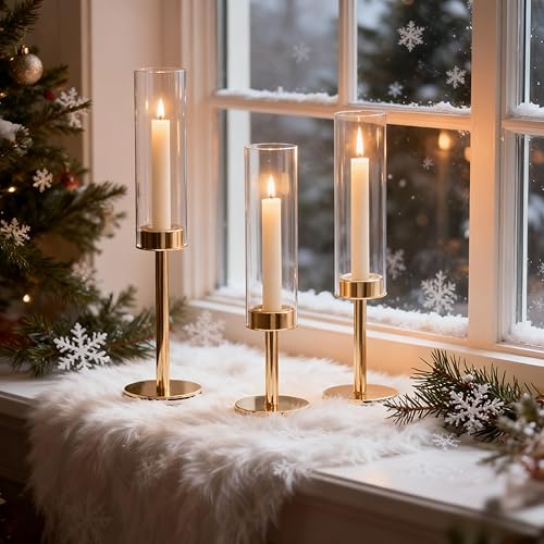 Miniatura 2 de Juego de 3 portavelas dorado con forma de huracán, de metal alto y vidrio resistente al viento, centros de mesa para exteriores e interiores para