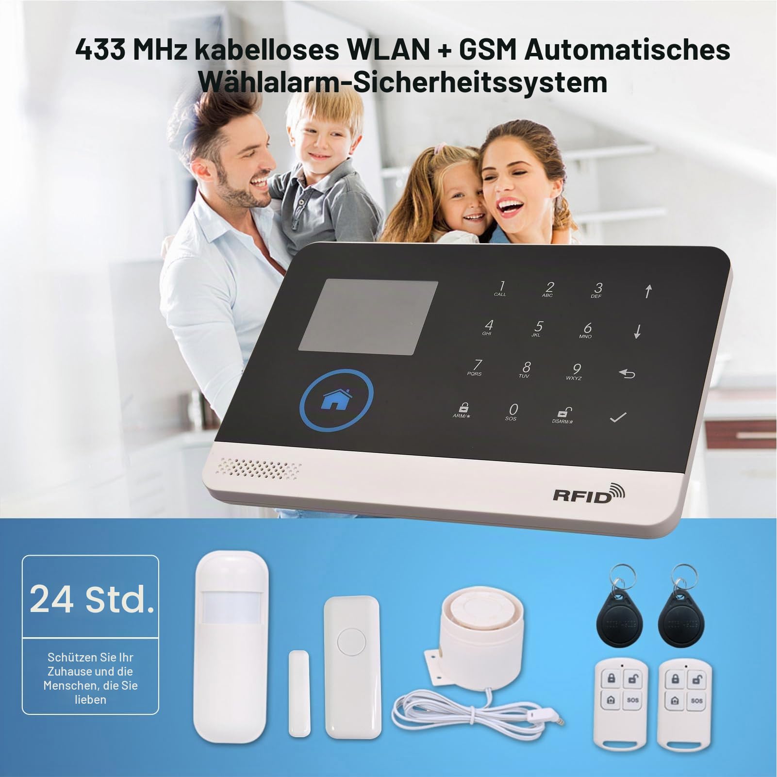 Drahtloses WiFi+GSM Heim-Alarmsystem mit 2,4-Zoll LCD Display, 16-teiliges Einbruchschutz Bausatz, kompatibel mit Alexa und Google Home