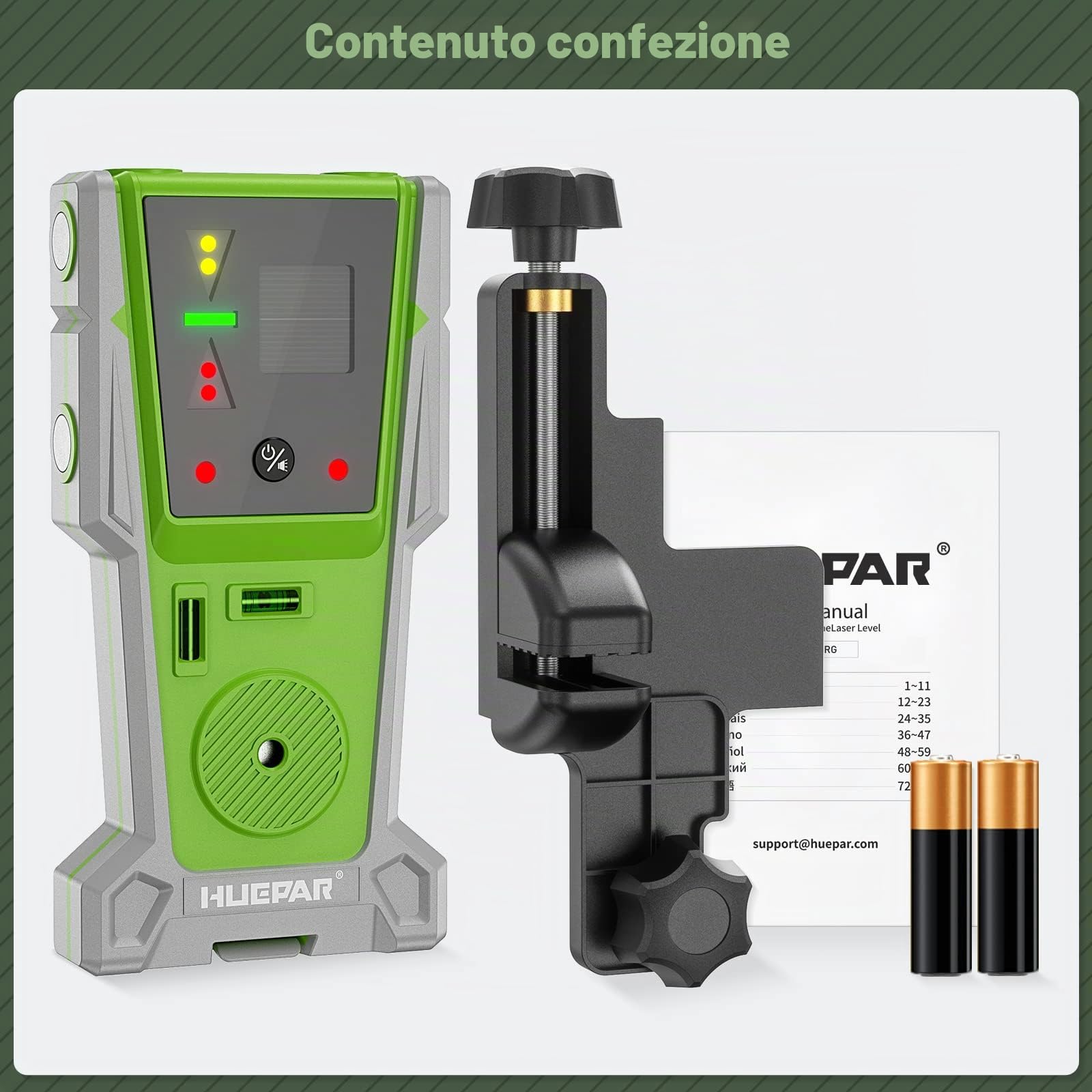 Rilevatore laser Huepar LR-8RG per livellamento laser, ricevitore laser digitale per raggio verde e rosso, display LED bifacciale e magnete, doppia lampada e cicalino da 90 dB
