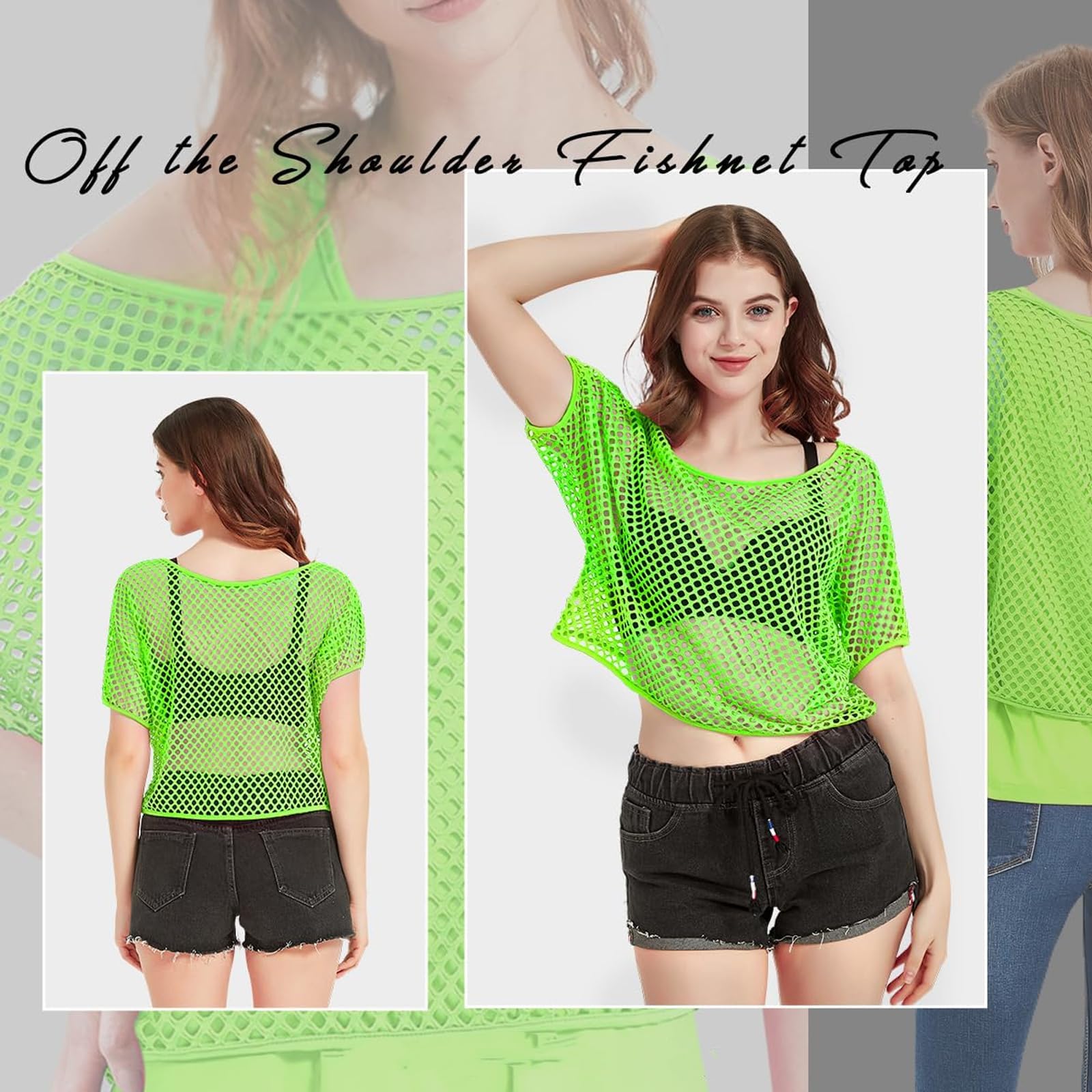 AMBEERT 1 Set Fishnet Top, Neon Clothes, 90s Fancy Dress Women, T-Shirt Fancy Dress Disco Retro Outfit Costume - Image 2
