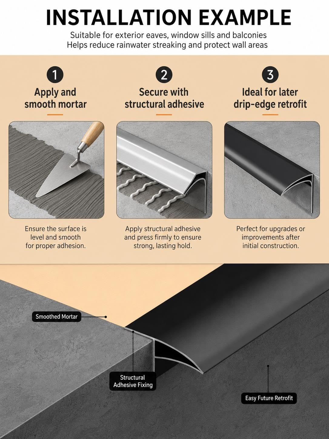 Aluminium Tropfkantenprofil 30mm mit Lichtkanal, Regenwasserabweiser