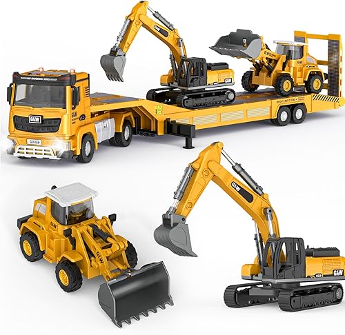 Juguetes para niños de 3, 4, 5, 6, 7 años, juego de juguetes de construcción fundidos a presión con semircamión, excavadora, niveladora, vehículos