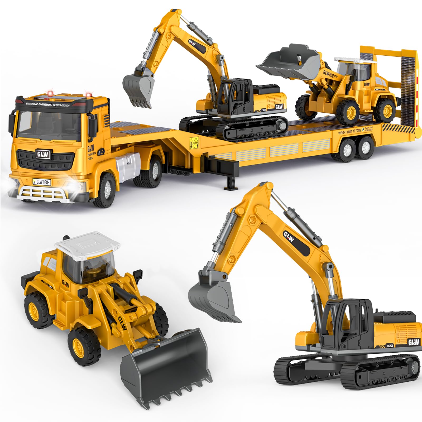 Kids Toys for 3 4 5 6 7 Years Old Boys, Die-cast Construction Toys Set w/Semi Truck, Excavator, Bulldozer, Alloy Engineering Construction Vehicles Truck Toys w/Lights & Sounds, Model Cars