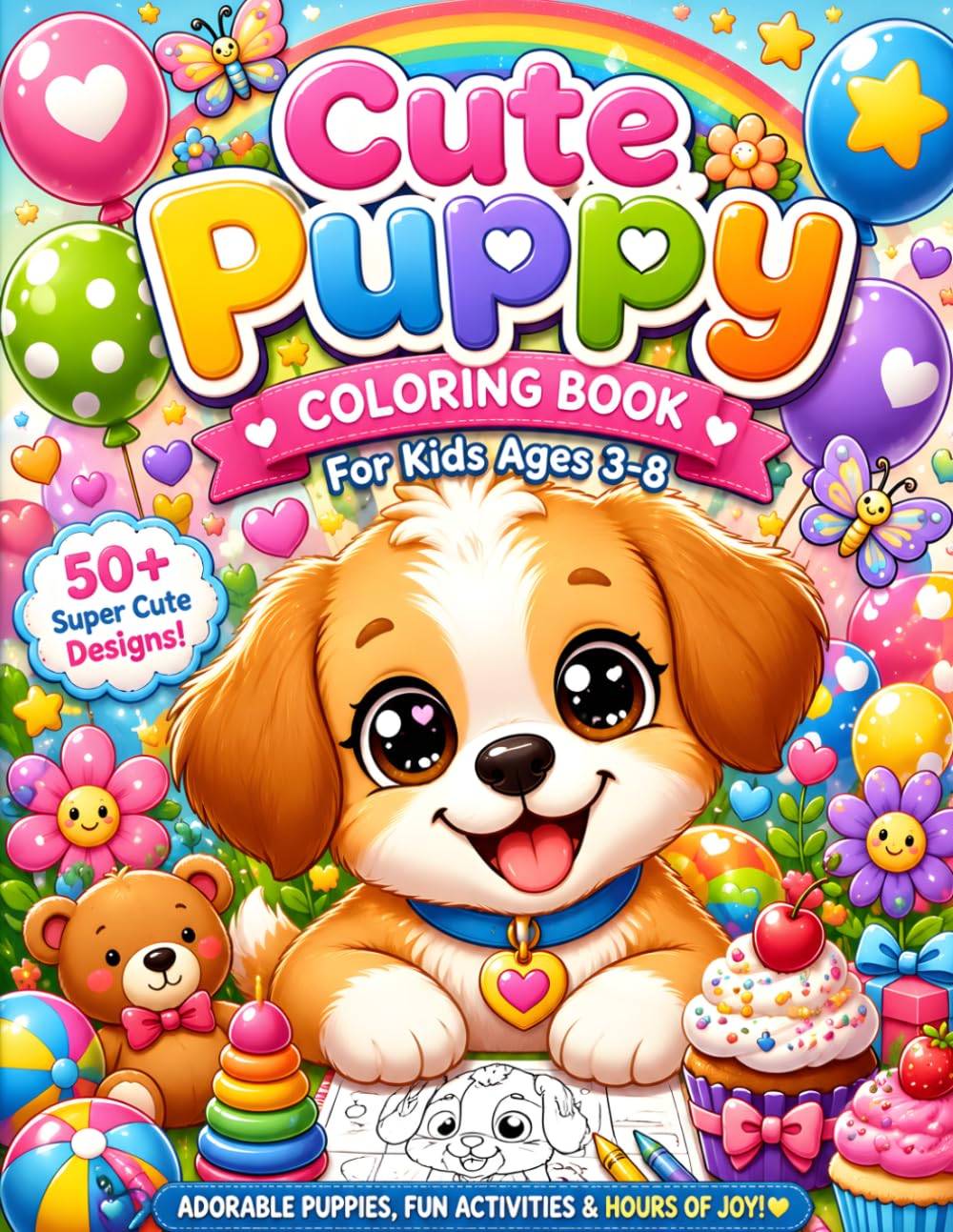 Cute Puppy Coloring Book for Kids Ages 3-8: 35 Bold and Easy Coloring Pages with Adorable Puppies, Balloons, Hearts, Toys, Cupcakes, Rainbows and Fun Adventures