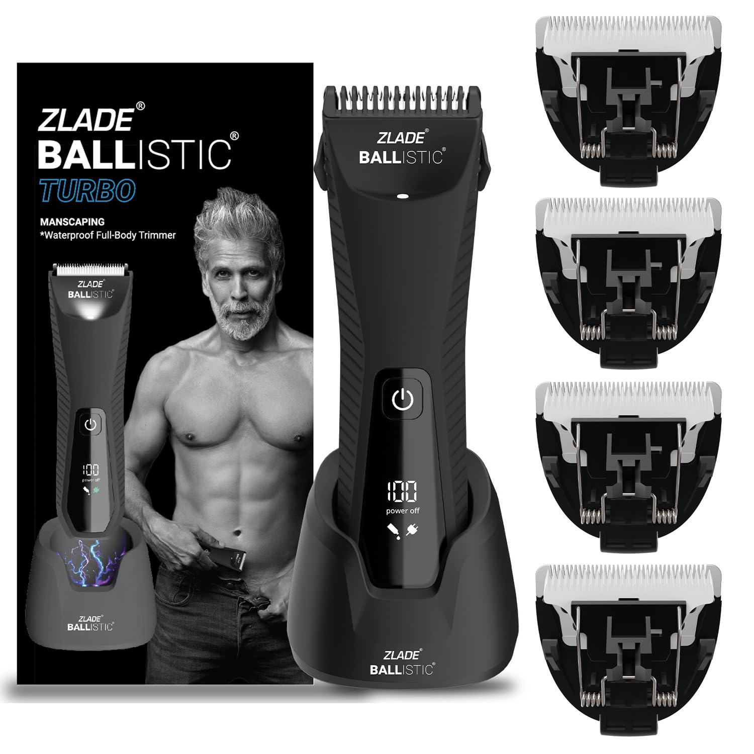 Zlade Ballistic TURBO 3.0 Full-Body Manscaping Trimmer with Extra Heads | Balls, Body, Beard | 1 Trimmer + 4 Blades