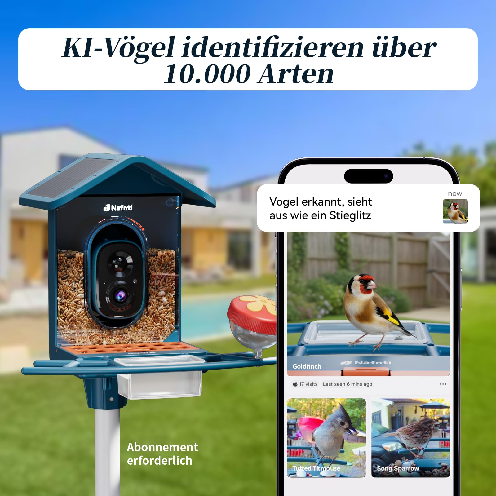 Kompaktes Vogelfutterhaus mit Kamera, Solar, 2K Livebild, 2,4/5 GHz WLAN | Kompaktes Design mit Solarbetrieb, Sofortmeldungen und Eichhörnchenschutz für Balkon, Terrasse und kleine Gärten.