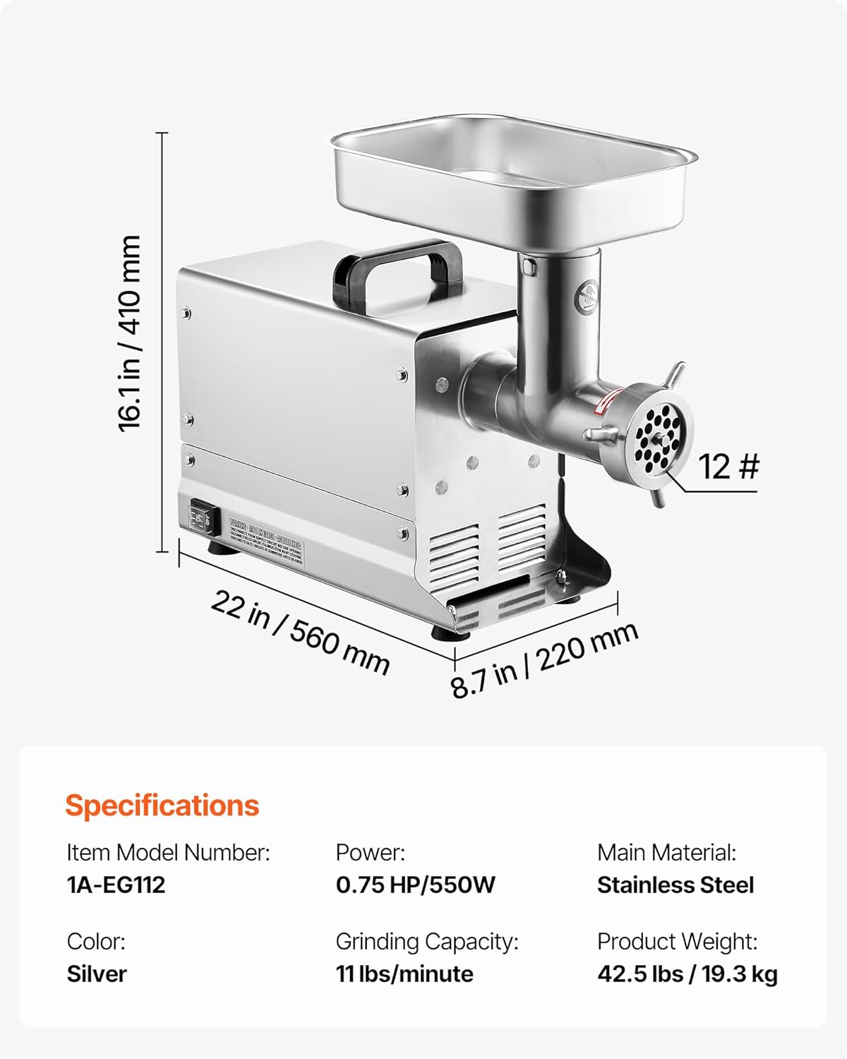 VEVOR Meat Grinder, 0.75 HP 550W, 11 Lbs/Min Electric Meat Grinders with Blade, Grinding Plate, Sausage Maker, Stainless Steel Commercial Meat Mincer for Kitchen Restaurant Butcher Store, ETL Listed