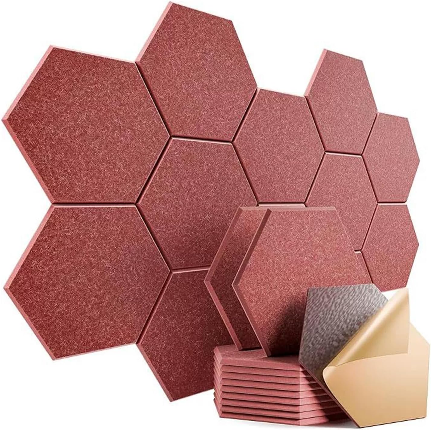 12 Pcs Hexagon Cork Board Tiles, 2026 New Upgrade Nail-Free No Damage to The Wall Surface Felt Bulletin Board Tiles, Noise Reduction Anti-Scratch Easy to Install for Home Photo Office (Dark red)
