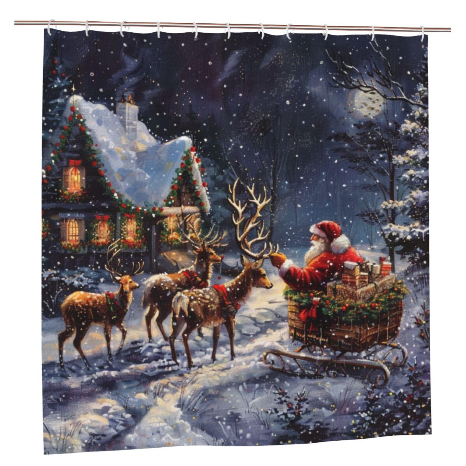 BWWHCCTI Snow Night Santa and Deer Printed Shower Curtain With 12 Plastic Hooks Opaque Quick Drying Waterproof Shower Curtains Sets For Bathroom 183x183 CM