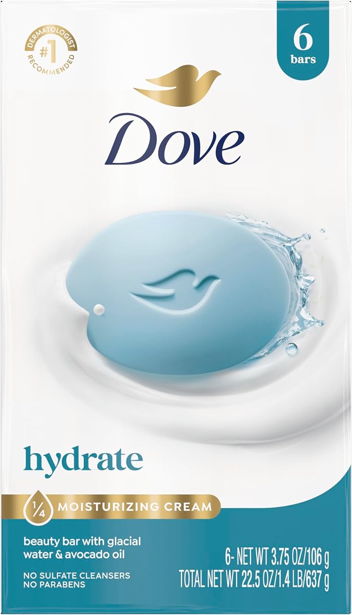 Jabón en barra Dove Beauty, agua glacial y aceite de aguacate, 6 unidades 3.75 oz | Barra de belleza hidratante con agua glacial y aceite de aguacate para una piel fresca, suave y de aspecto saludable