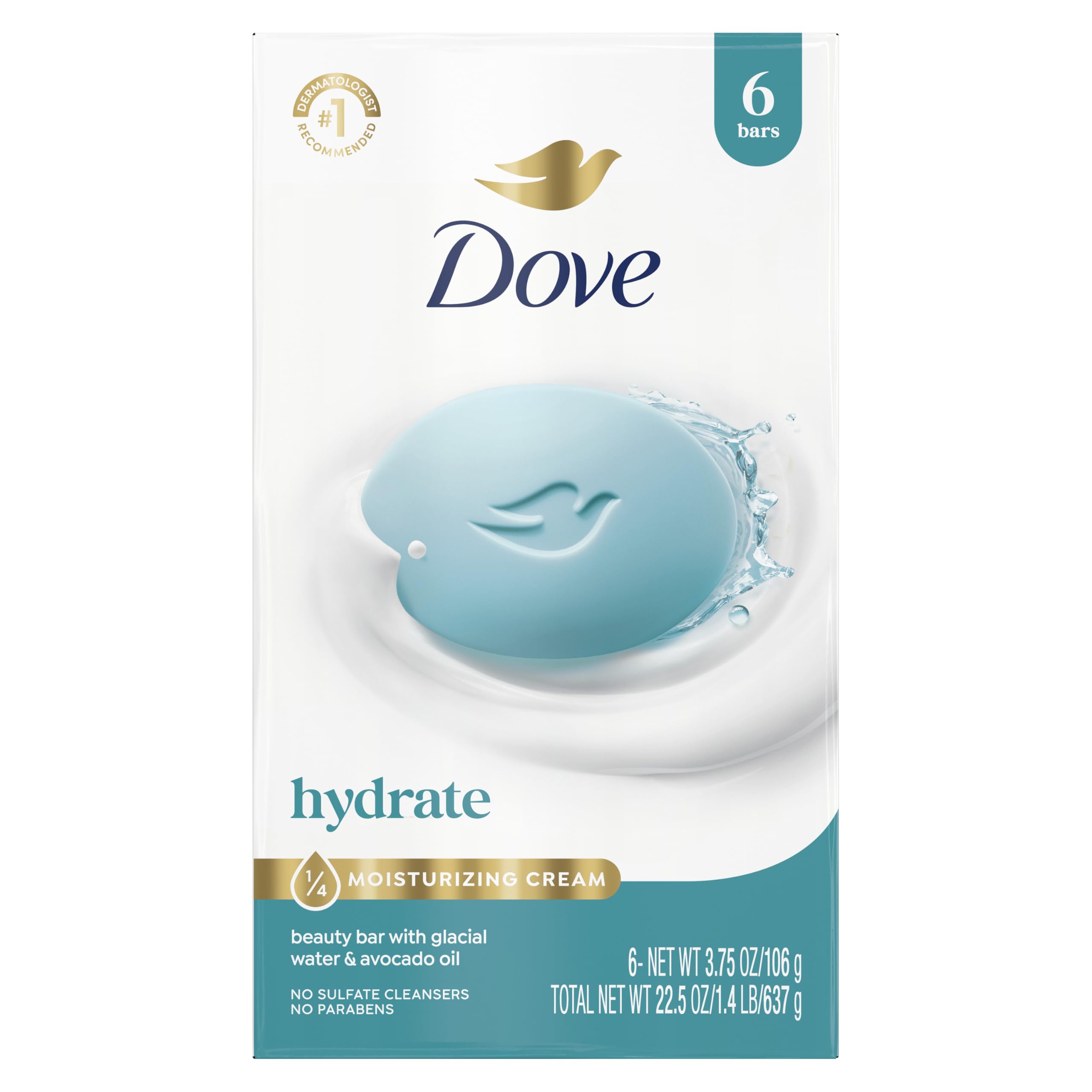 Dove Beauty Bar Soap , Glacial Water & Avocado Oil, I 6 Count 3.75 oz