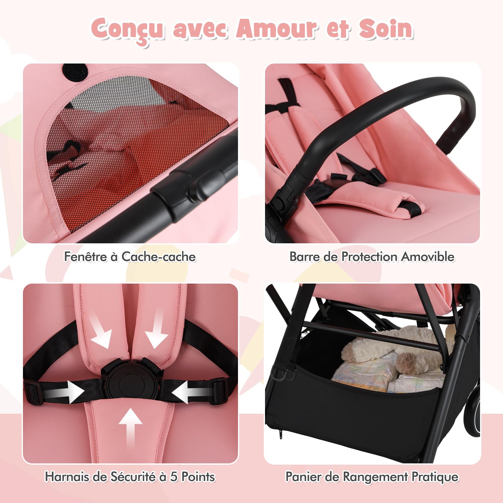 COSTWAY Poussette Canne Bébé 0-3 Ans(Charge 15 kg) avec Dossier & Repose-pieds Réglables, Pliable à une Main, Pousette Légère et Compacte en Aluminium avec Auvent & Frein, Harnais à 5 Points, Rose
