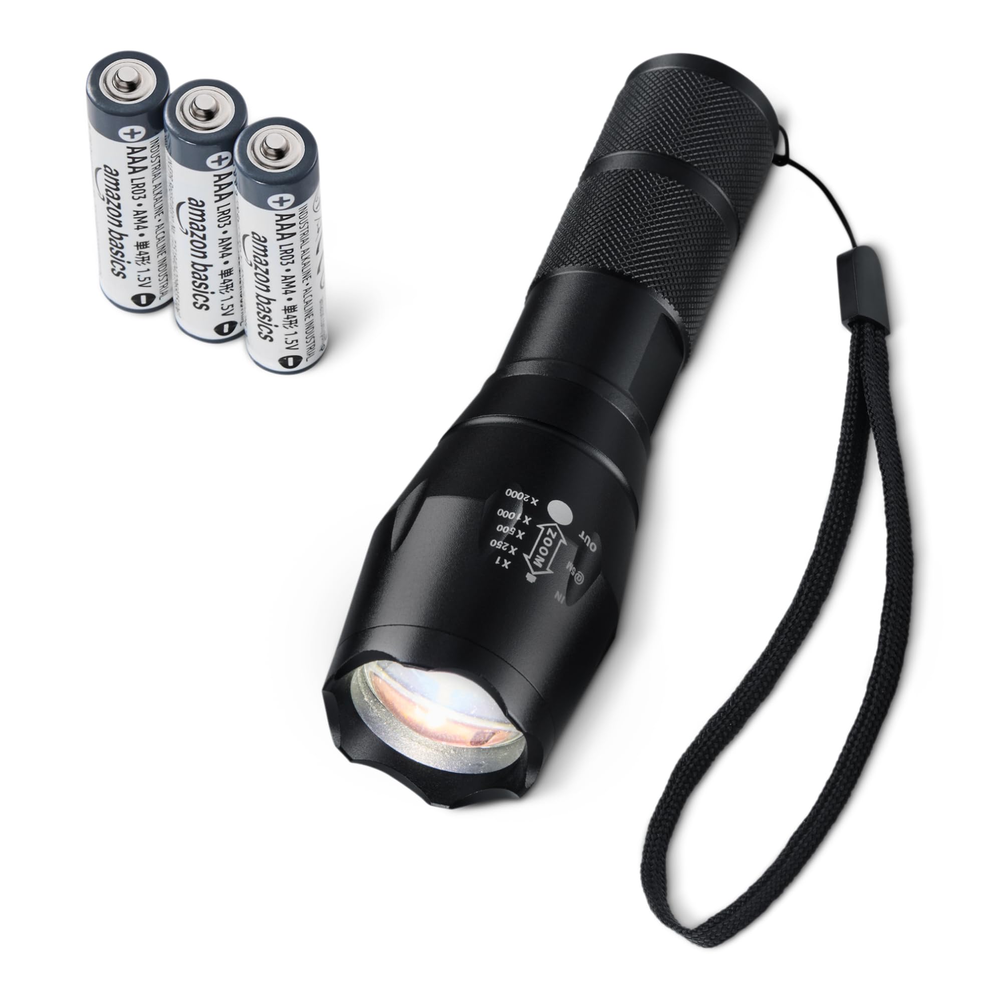 Photo 1 of Amazon Basics Handheld LED Flashlight, 200 Lumen, Adjustable Brightness Focus, 5 Light Modes, Water Resistant IPX4, Black