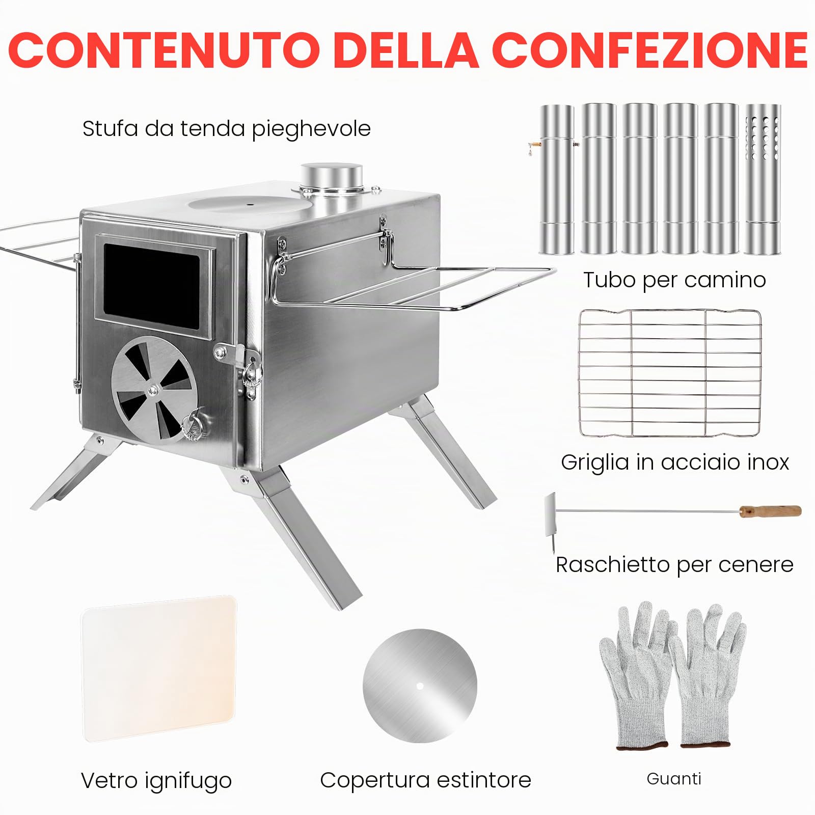 SOPPY - Mini stufa a legna da campeggio, portatile, in acciaio inox, con tubi per camino, pentole da campeggio per campeggio, riscaldamento, alloggio e cucina, argento