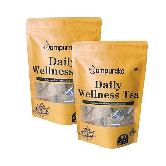 Sampuraka Daily Wellness Tea Herbal Tea for Immunity & Relaxation Support with Turmeric, Ashwagandha, Ginger | Organic, Caffeine-Free 60 Pyramid Tea Bags