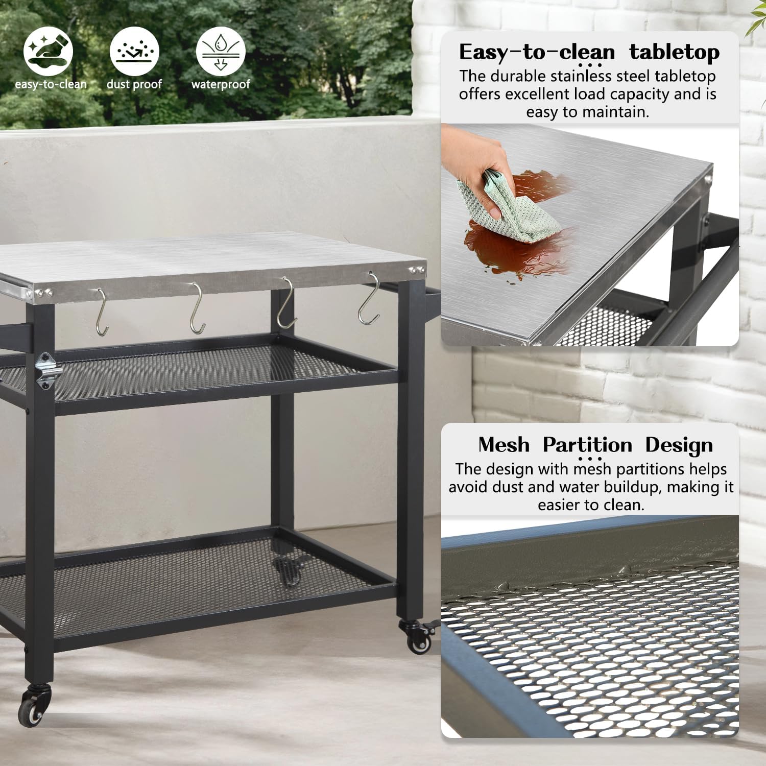 Domi 3-Tier Outdoor BBQ Grill Cart with Lockable Wheels | Portable Pizza Oven Stand & Food Prep Station | with Stainless Steel Tabletop & Propane Tanks | All-Weather Patio Cooking Center