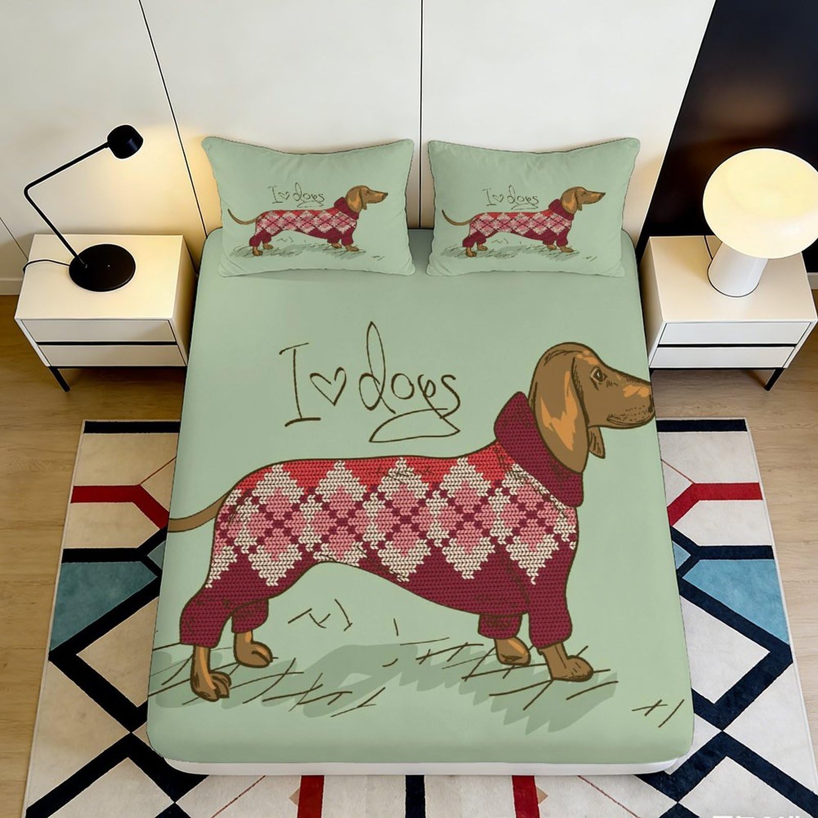 3D Printed Dachshund Dog Pattern Fitted Sheet Microfiber Soft Breathable Argyle Sweater Bed Cover for Bedroom Guest Room Decor 90x200x25cm