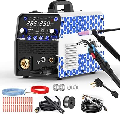 Soldador MIG de 250 amperios con antorcha TIG incluida 120 V/240 V RBM2500 PRO, máquina de soldadura multiproceso 8 en 1 con modos de soldadura de aluminio duales MIG/núcleo de flujo sin gas/MAG/Lift