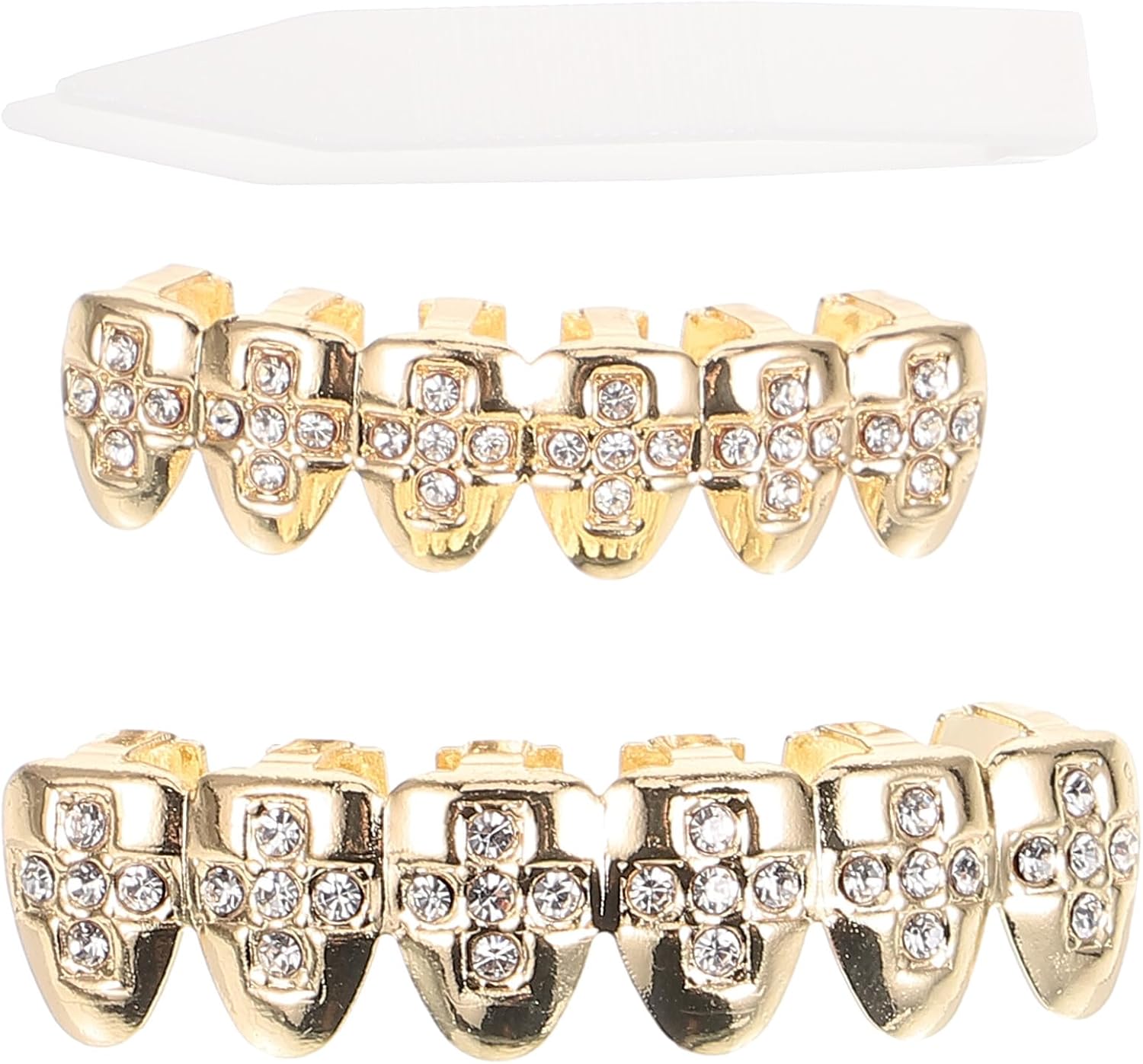 Set de grills dentales metálicos con ramillete de piedras doradas