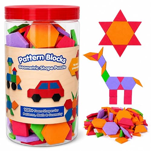 CocoMoco Kids Pattern Blocks Geometric Shapes Puzzle for Toddlers 3+ Years | 100+ Pieces | Educational STEM Toy for Kids 3-5, 6-8 Years | Shape Matching (Pattern Block)