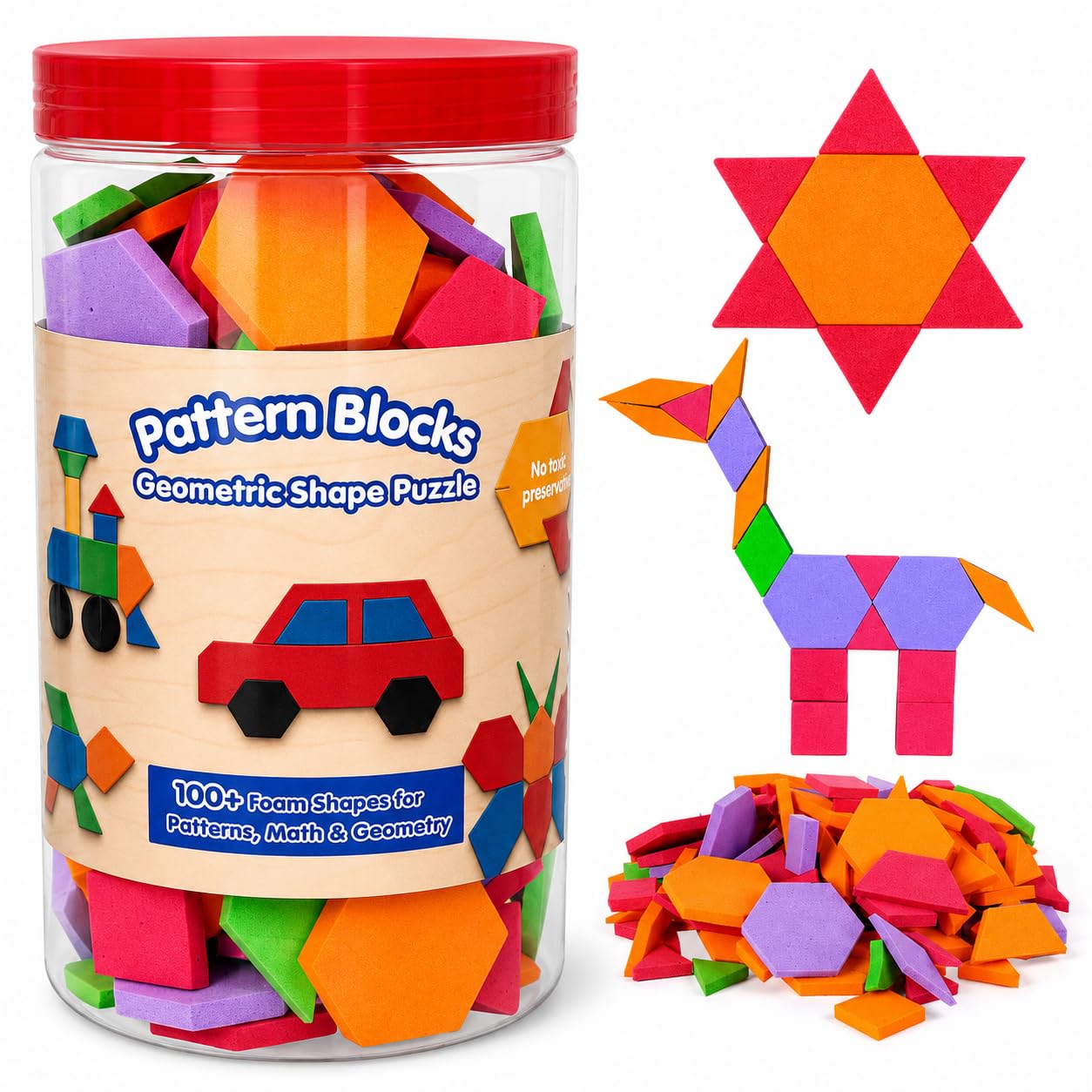 CocoMoco Pattern Blocks Geometric Shapes Puzzles for Toddlers 3 Years Old, Learn Geometry and Art, Educational Toy for 3-5, 6-7 Years, 100+ Pieces (Pattern Block)-image-38