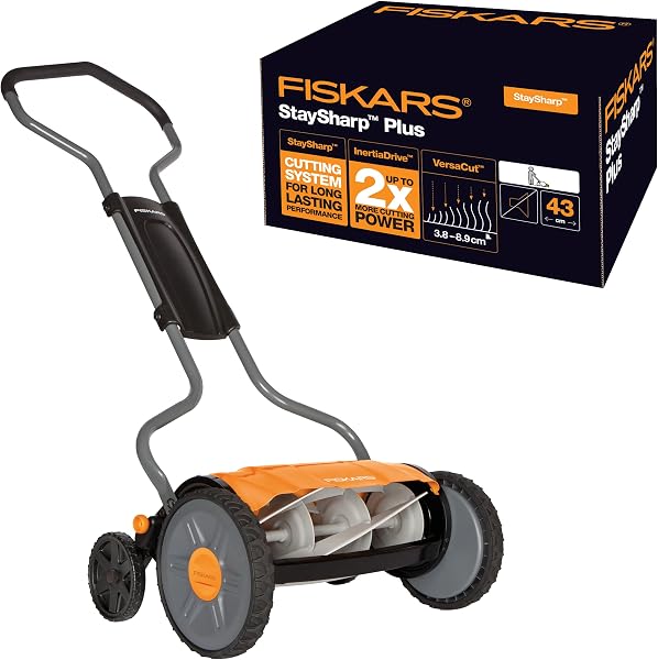 Tondeuse à cylindre manuelle Fiskars StaySharp Plus, largeur de coupe 43 cm, hauteur réglable 4 à 10 cm