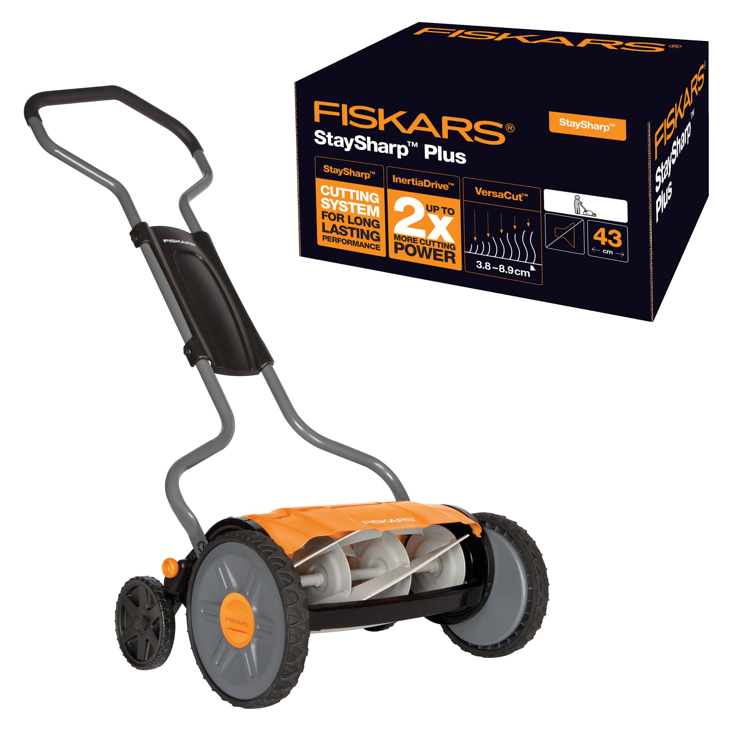 Fiskars Cortacésped manual, Cortacésped cilíndrico con sistema de corte sin fricción de las cuchillas, Largo de corte: 43 cm, StaySharp Plus, Negro/Naranja/Plateado, 1015649