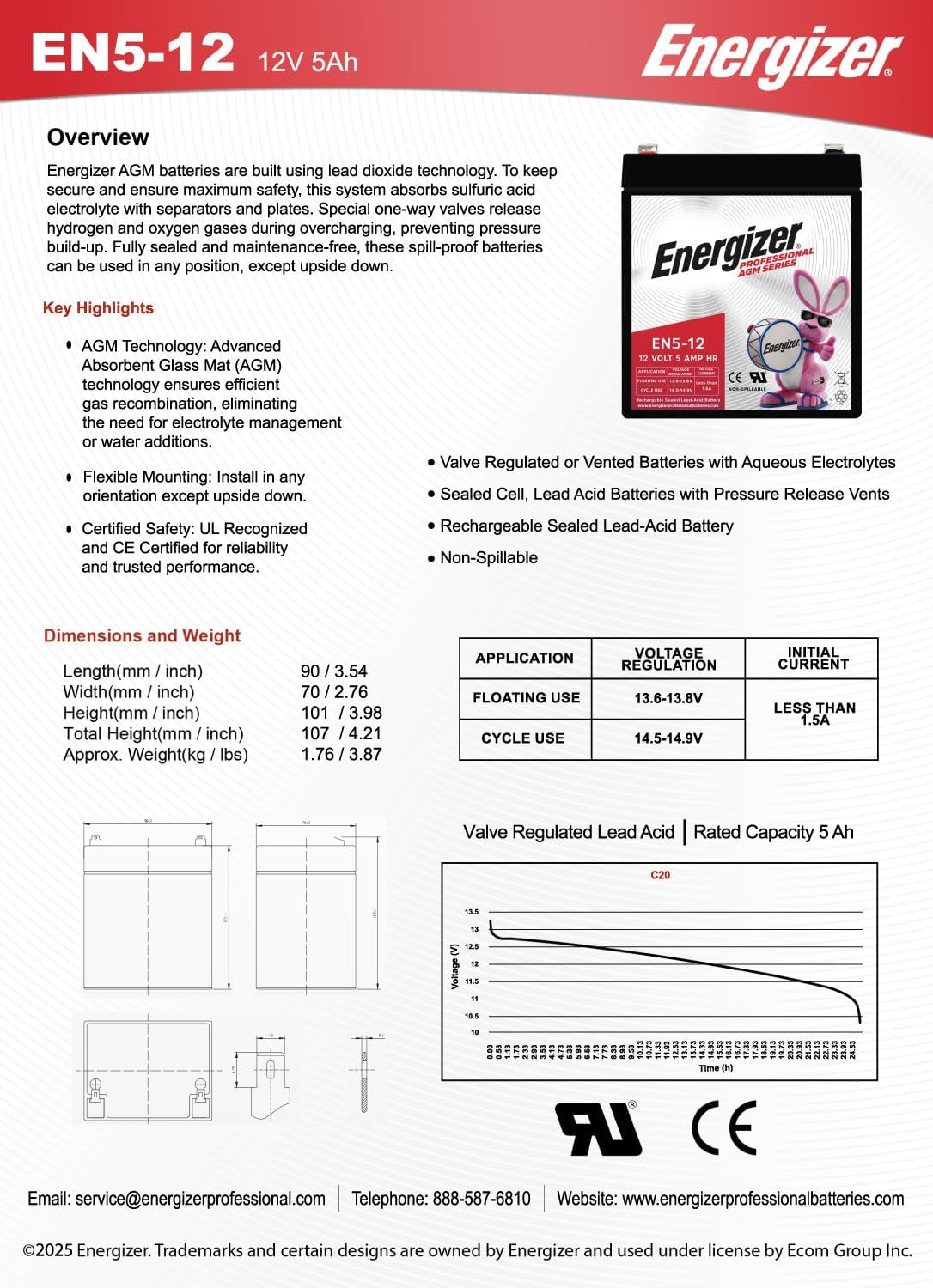 Energizer EN5-12, 12 Volt 5 Amp Hr, Long Lasting Sealed Lead Acid AGM Rechargeable Battery Ideal for Use in Garage Door, Alarm Panels, Kids Ride On, Backup Power, and More