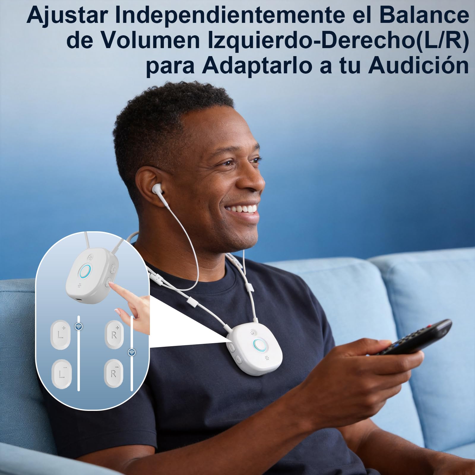 Auriculares Inalámbrico Independiente del Volumen L/R, Auriculares Semi-Intraauriculares con Cable Alrededor del Cuello, Con Transmisor USB para TVs, Teclas Grandes para Personas Mayores, Blanco