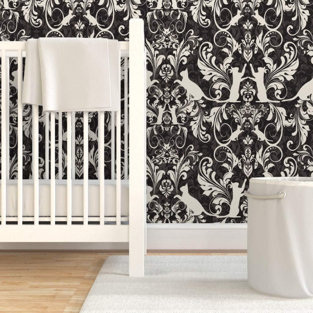 Peel & Stick Wallpaper 3ft x 2ft - Cat Damask Black Cream Victorian Damask Vintage Style Kitty Kitten Custom Removable Wallpaper by Spoonflower
