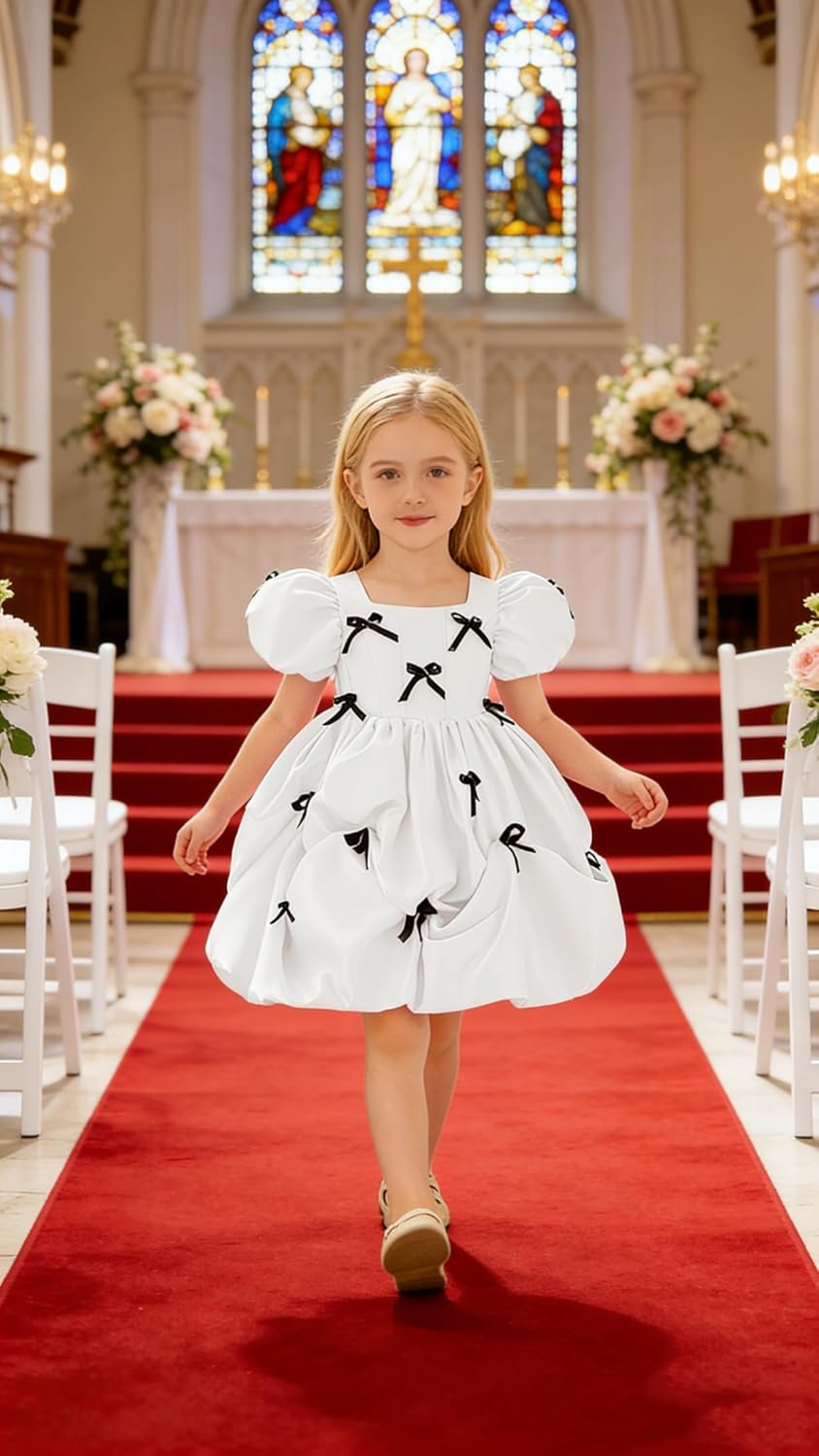 Girls Princess Flower Girl Dress Short Puff Sleeve Bowknot Bubble Skirt for Birthday Wedding Pageant Special Occasion