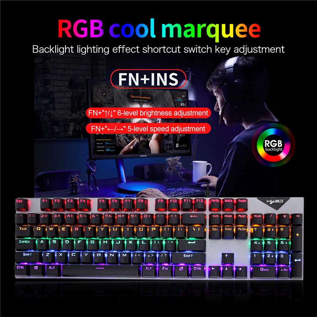 Kolorowa klawiatura do gier 104 klawisze, mechaniczna przewodowa klawiatura mieszanka RGB podświetlany niebieski przełącznik do gry laptopa PC