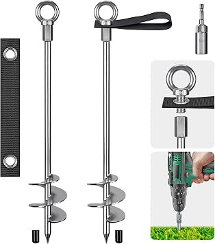 Insaga Heavy Duty Ground Anchors with Straps 18 Screw in Earth Anchor Kit, 4 Pack, 12mm Solid Carbon Steel Auger, Chrome Plated, for Trampoline, Shed, Swing Set, Mobile Home, Tree, Tent, Carport
