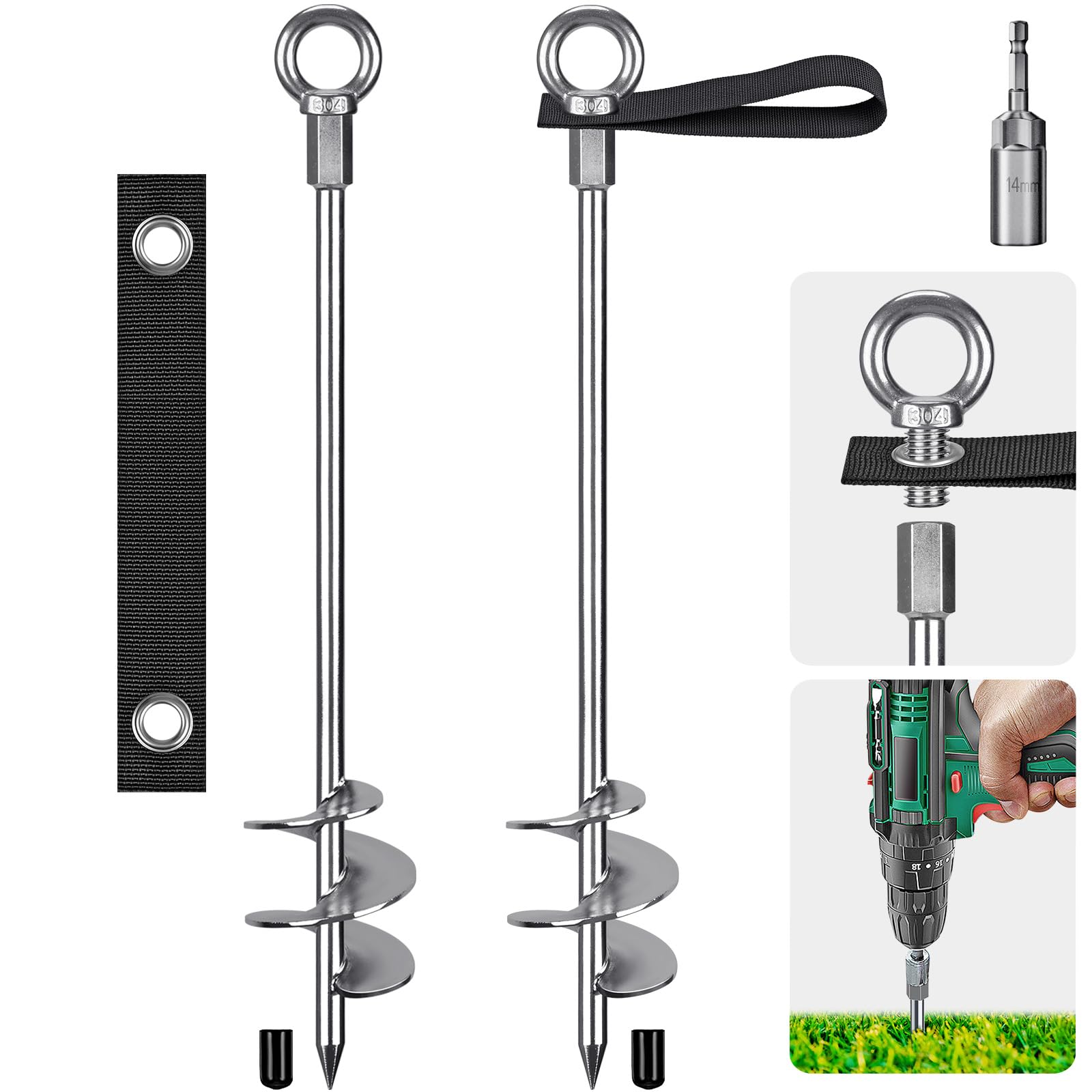 Insaga Ground Anchor with Straps and Adaptor Heavy Duty 61cm Tent Stakes Screw in Fully Welded Spiral Resist High Wind, Trampolines Anchor Kit for Camping/Swing Set/Shed/Carport,2 Pack