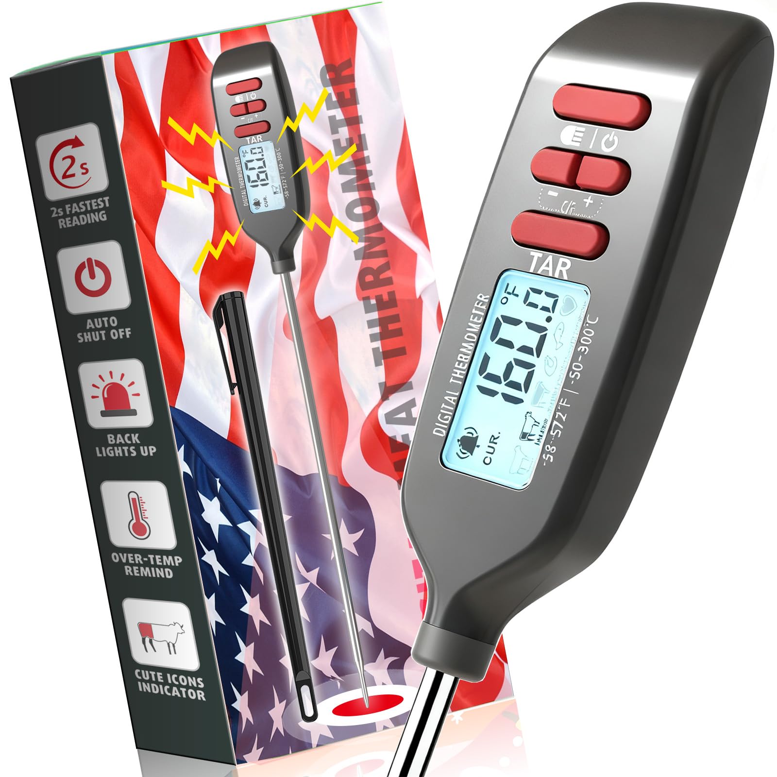 Antonki Meat Thermometer Digital, Smart Instant Read Food Thermometer with Super Long Probe for Cooking Grilling Baking Kitchen Candy BBQ Oil Liquid, Backlit Display, Battery Included