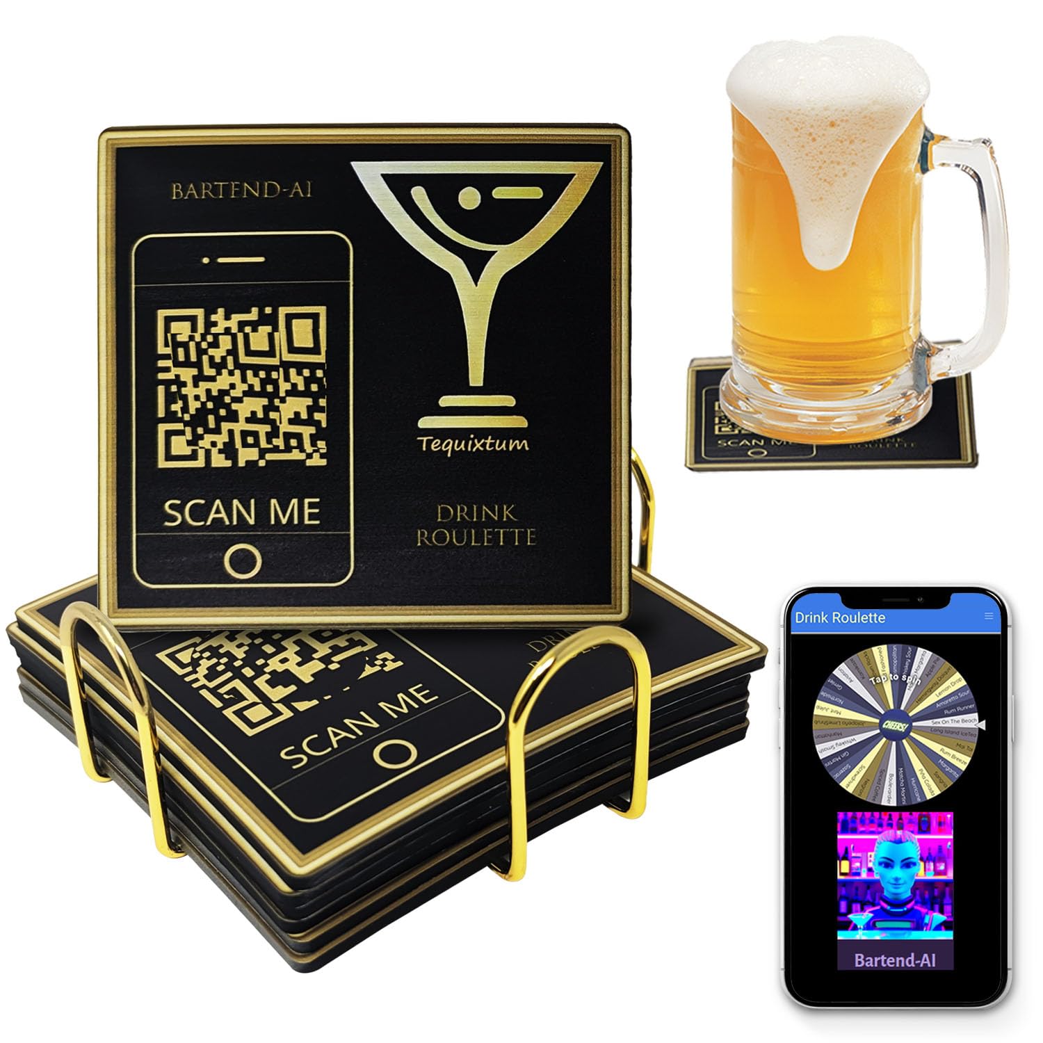 6 Pcs Drink Coasters with Holder, Scan QRC and Power Up Bartend-AI, Your Own AI Bartender Assistant!