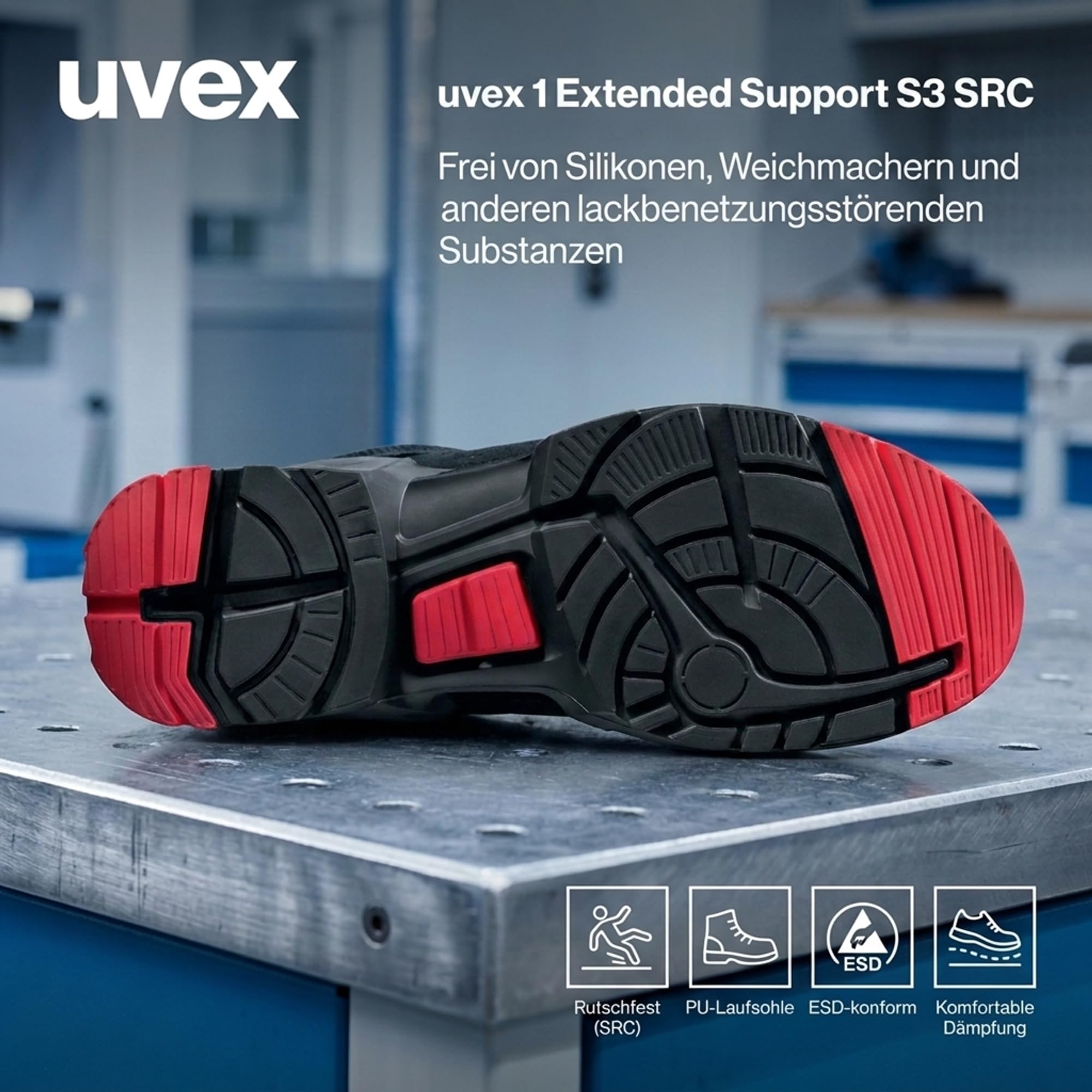 Uvex 1 X-Tended Support Arbeitsschuhe - S3-Sicherheitsschuhe für Damen & Herren - Rot-Schwarz