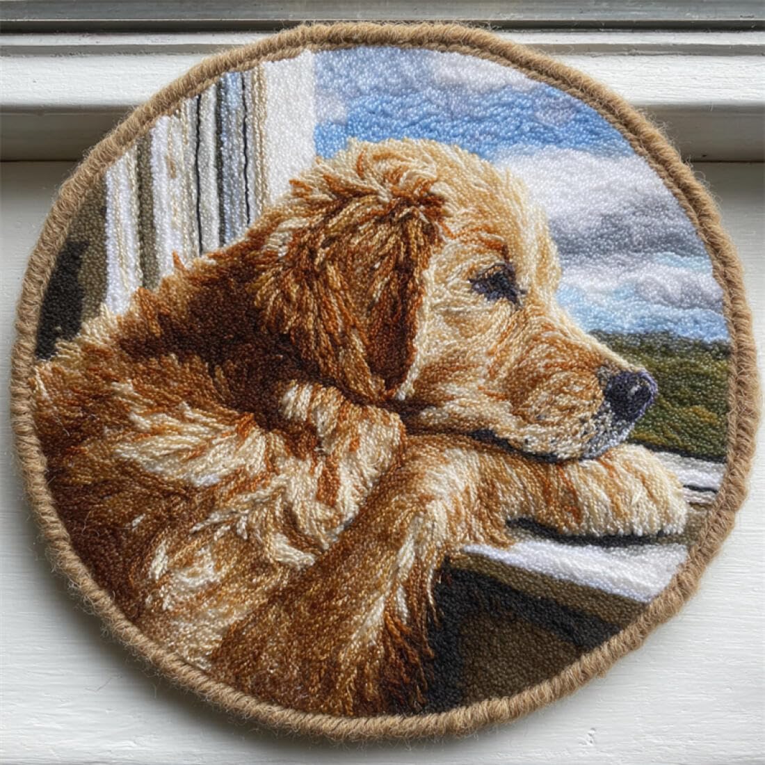 Rqwybcaxn DIY Rug Latch Hook Kits for Beginners Animal Cross Stitch Kit Cartoon Golden Retriever 60x60cm Round Tapestry with Crochet Hook Bedroom Craft Gift