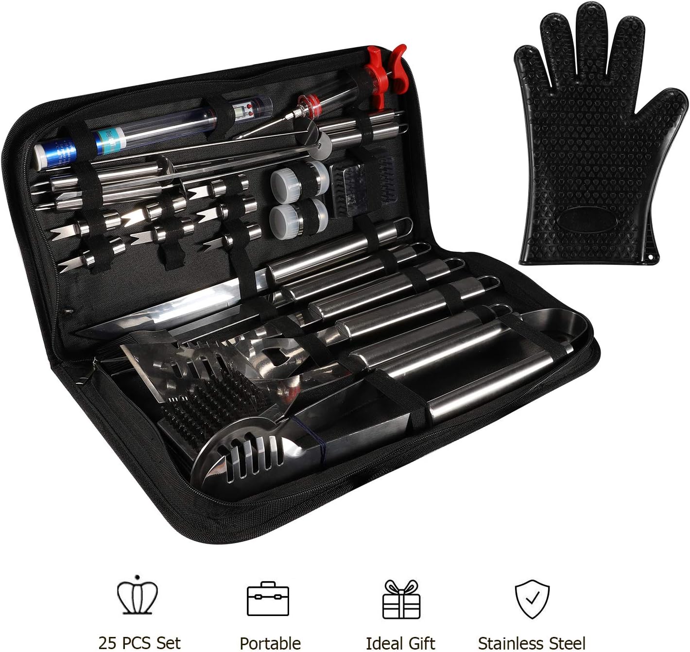 Grilling Accessories BBQ Grill Tools Set, 25Pcs Stainless Steel Grilling Kit Gift for Smoker, Camping, Kitchen, Backyard Barbecue for Men Women with Carry Case Bag Thermometer (25Pcs)