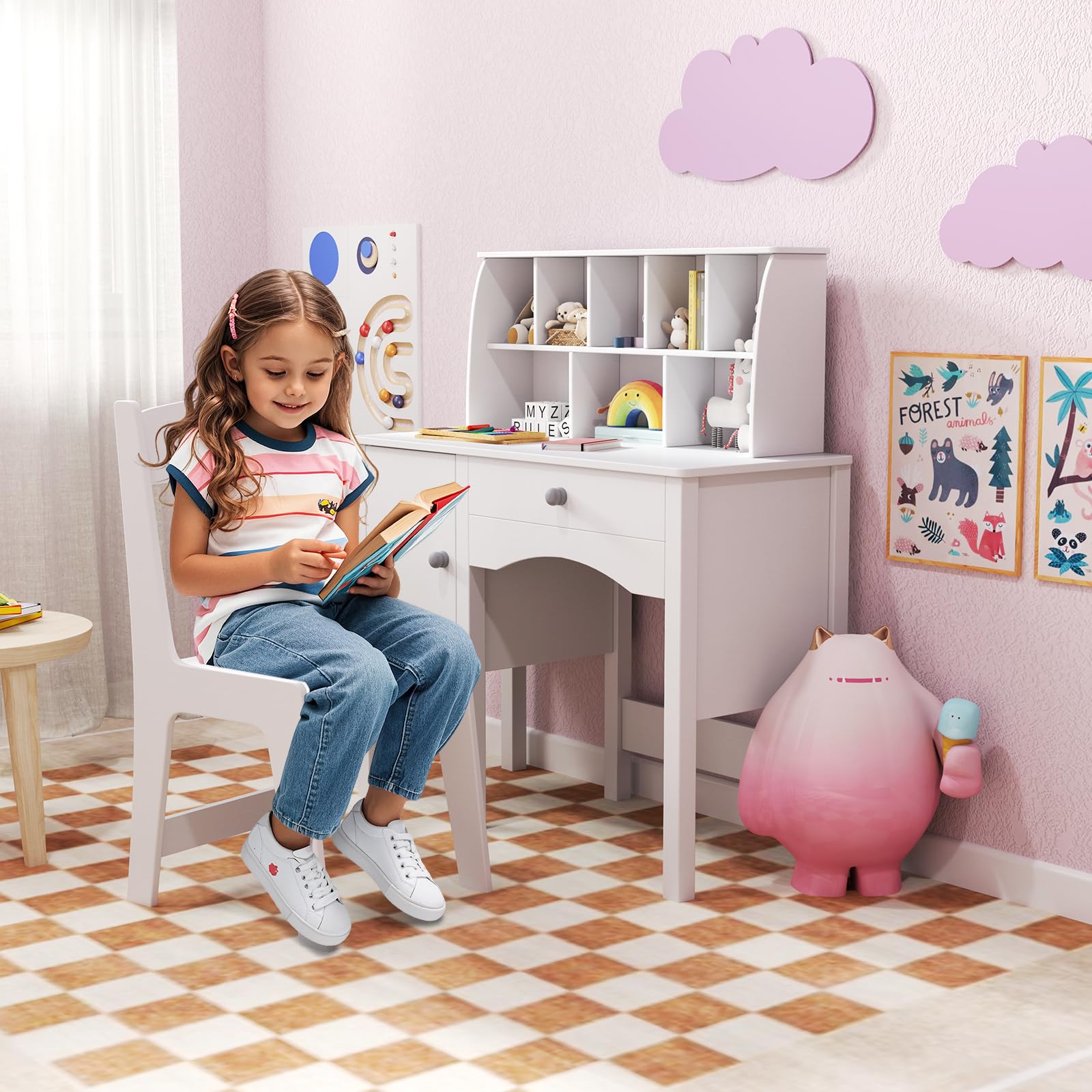 COSTWAY Set Scrivania e Sedia per Bambini in Legno, Tavolo e Sedia per Cameretta con Cassetto, Ripiano e Armadietto, Scrivania per Bambini Età 3+ Anni per Computer