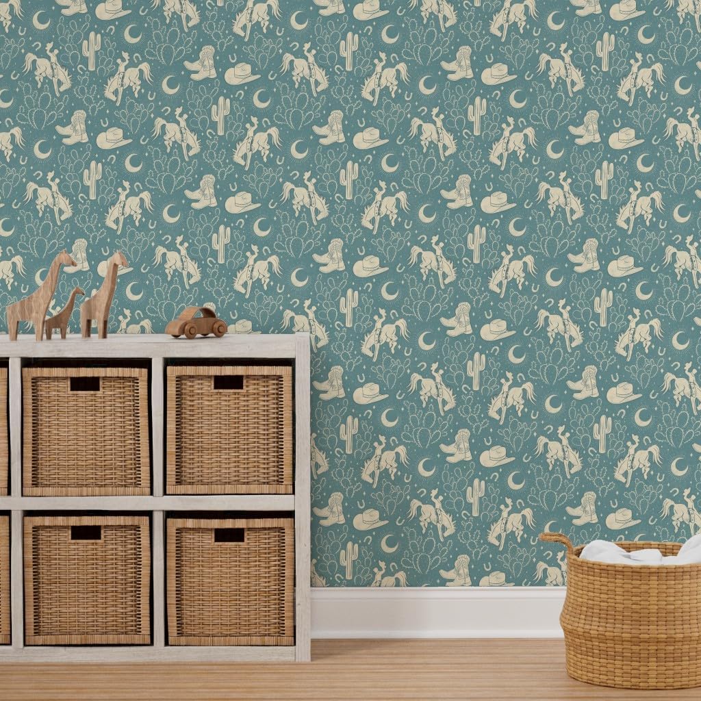Peel & Stick Wallpaper 3ft x 2ft - Southwest Dusky Blue Boots Cactus Ranch Rodeo Cowboy Hat Moon Custom Removable Wallpaper by Spoonflower