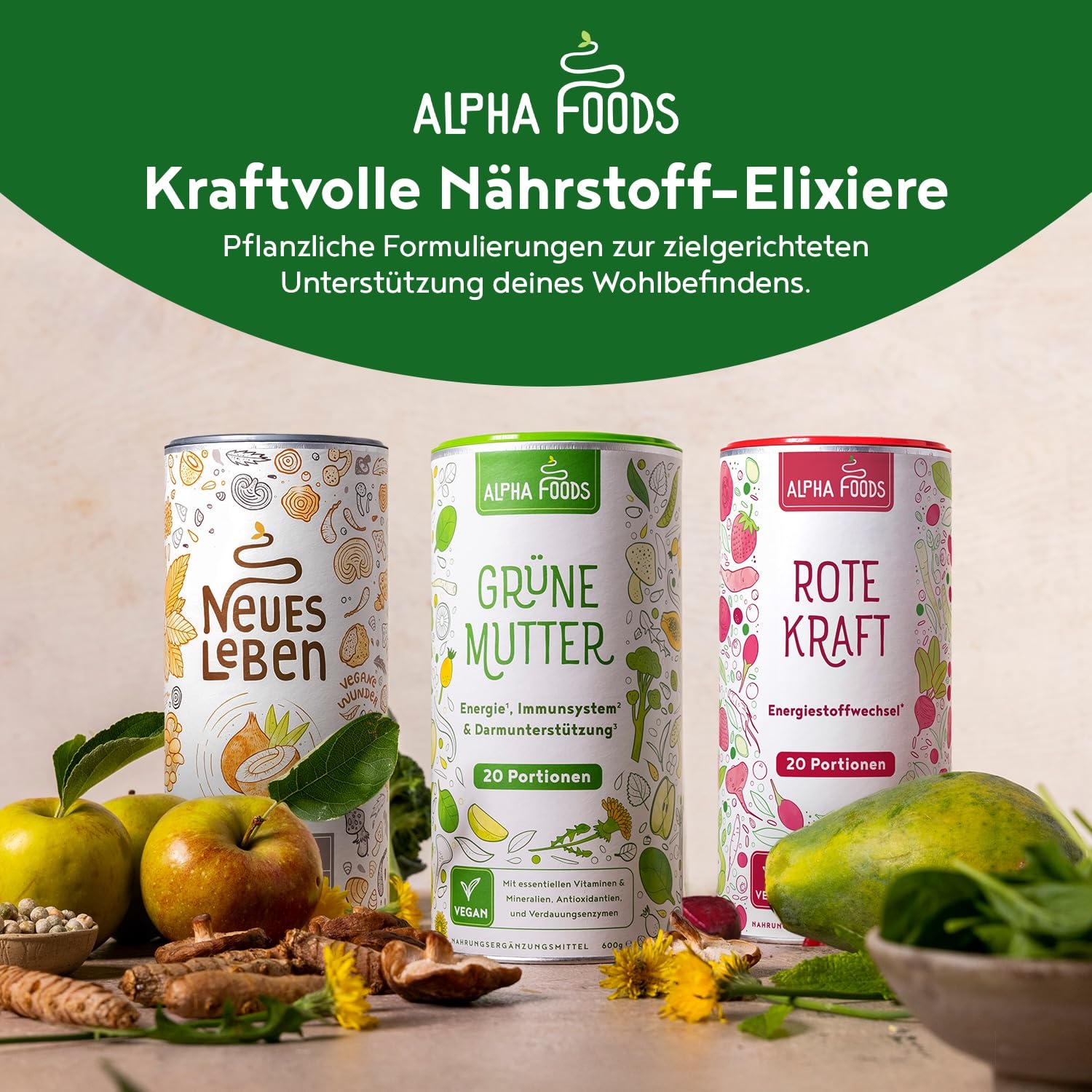 Grüne Mutter 2.0 - Das Original - Greens Shake - Akazienfaserpulver, Weizengras, Brennnessel, Mariendistel, Alfalfa, Chlorella und mehr - Smoothie Shake - 600g Pulver - Alpha Foods