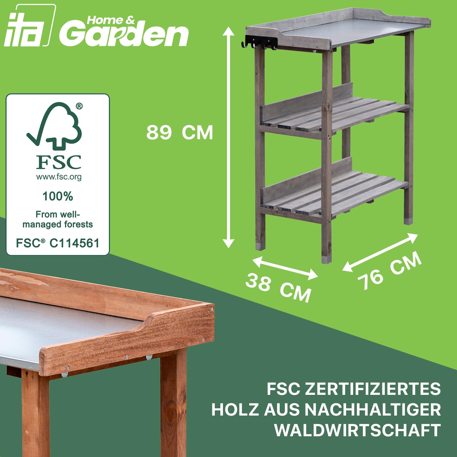 ITA Pflanztisch Premium - Pflanzentisch mit verzinkter Arbeitsplatte - Gärtnertisch aus Holz - Wetterfest - Made in EU - Direkt vom Hersteller - FSC Zertifiziert - Outdoor & Indoor - 76x38x89 cm Natur