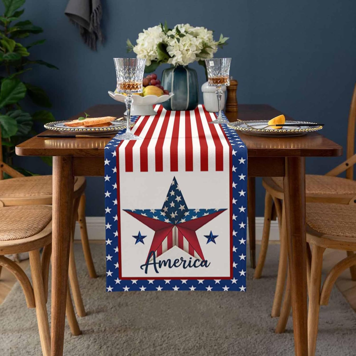 4th of July Table Runner 72 inches Long American Flag Freedom Stars Patriotic Coffee Table Runner for Kitchen/Dining Runners for Party Home Decor Dresser Scarves Tabletop Decoration 16x72in