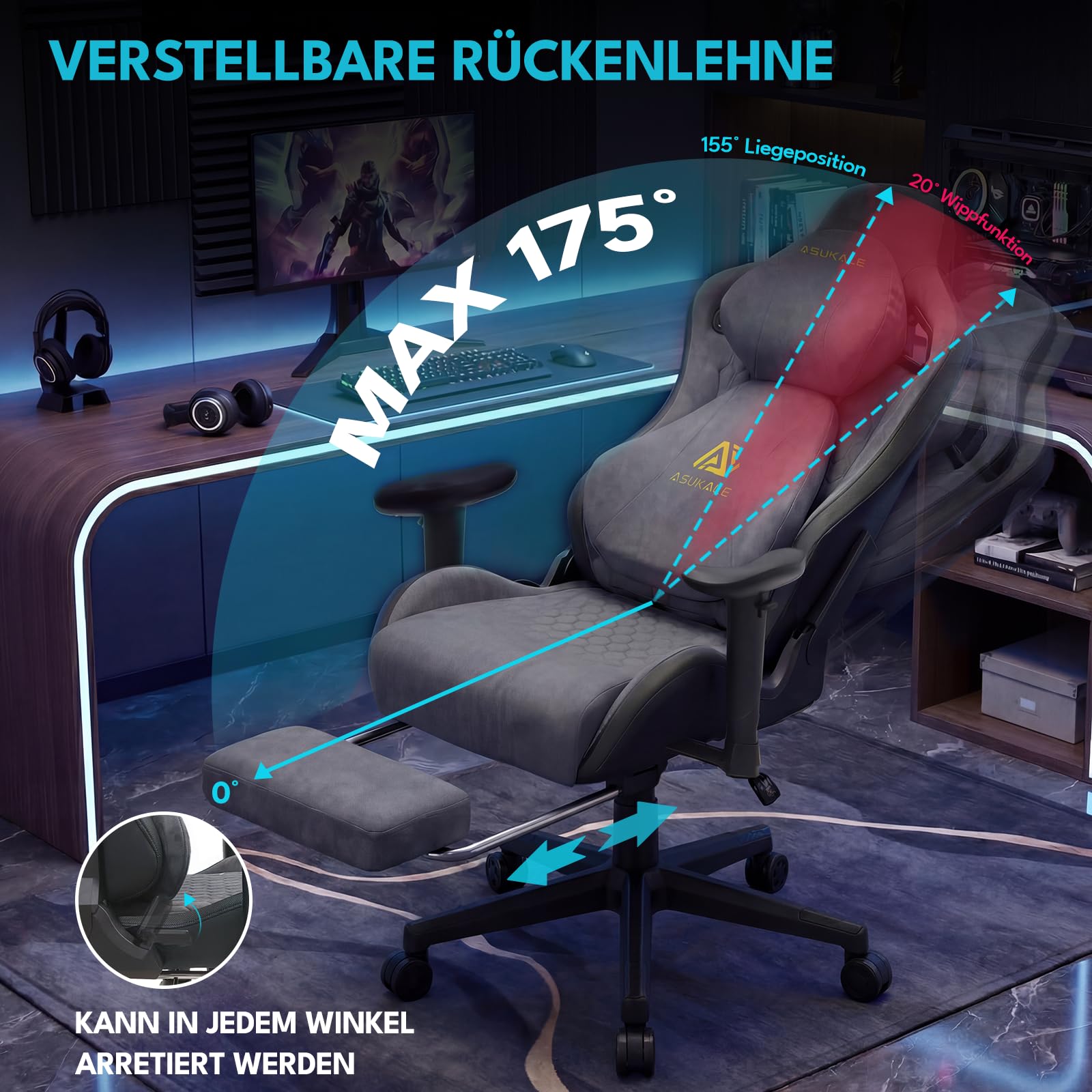 Gaming Stuhl | Ergonomischer Bürostuhl mit Fußstütze, Kopfstütze, 90-155° Rückenlehne, Wildlederimitat