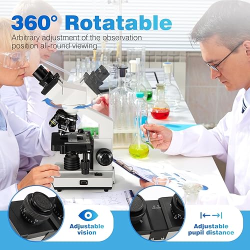 Miniatura 6 de Sedumic Microscopio compuesto binocular digital 40X-2500X LED con etapa mecánica 2 MP USB cámara para niños, estudiantes y adultos, con juego de