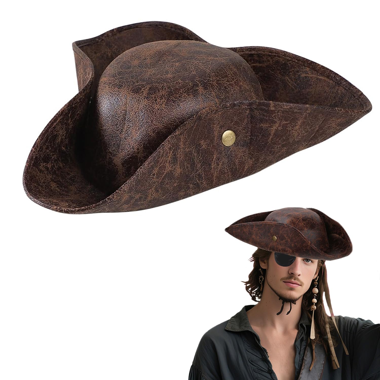 ITODA Leather Pirate Hat for Women Men Distressed Tricorn Hat Colonial Retro Brown Medieval Pirate Cap Captain Role Play Fancy Dress Headwear for Pirate Theme Party Cosplay - Image 2