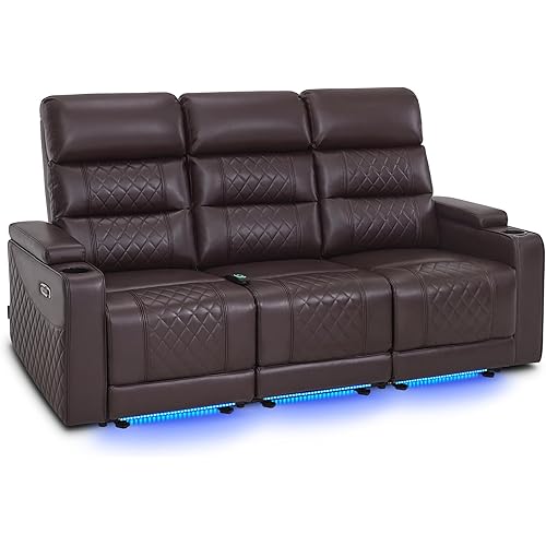 MCombo 77.6" 3 Seats Power Reclining Sofa for Living Room with Adjustable Headrest, Home Theater Seating with USB & Type C Port, LED Light & Armrest Storage HTS564 (Brown)